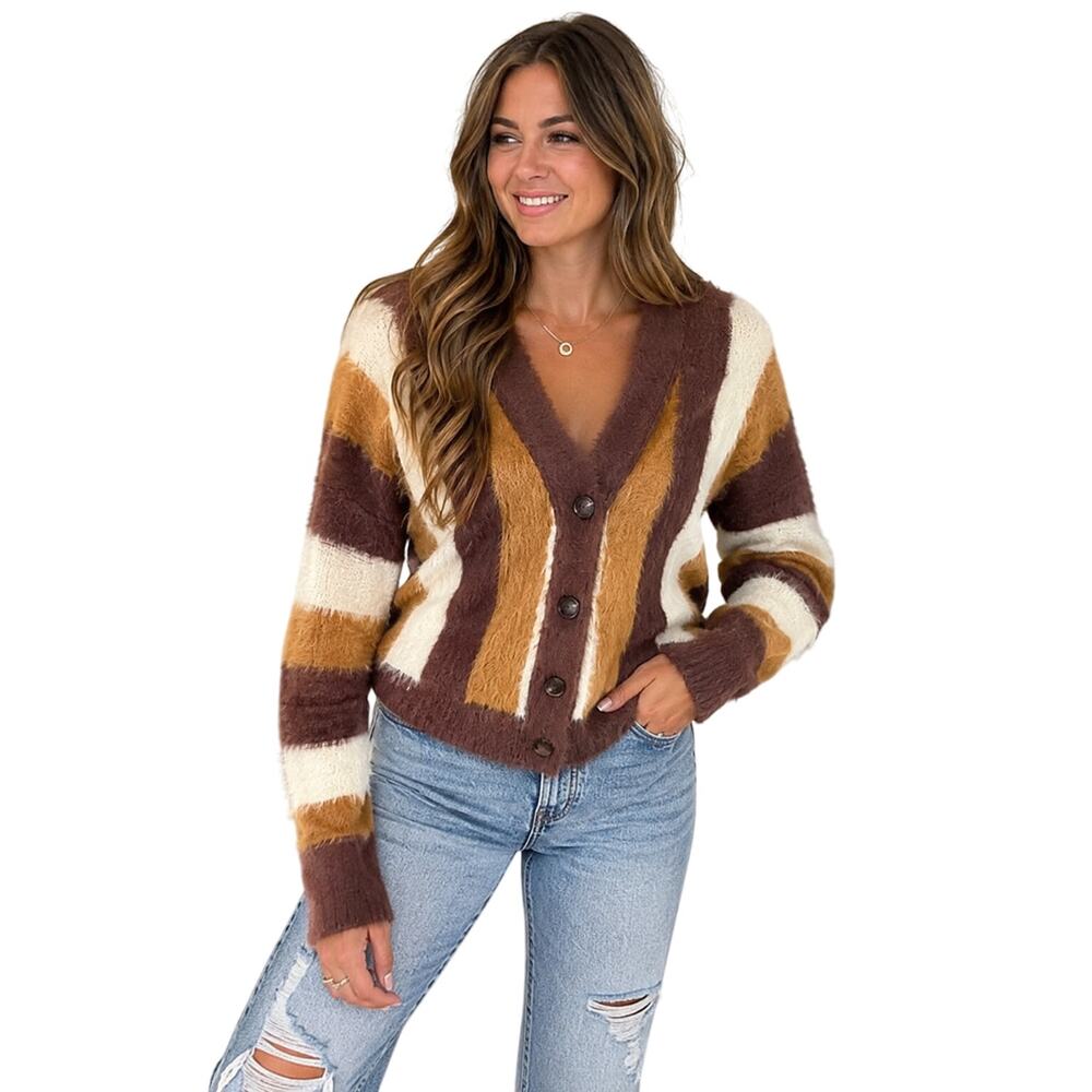 Industry Republic Clothing Women’s Large Fuzzy Striped Cardigan Brown Cream
